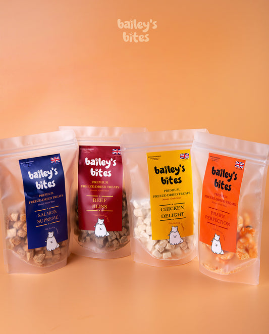 Bailey’s Bites freeze-dried pet treats bundle – Chicken, Beef, Salmon, and Prawn, premium UK-made pet snacks